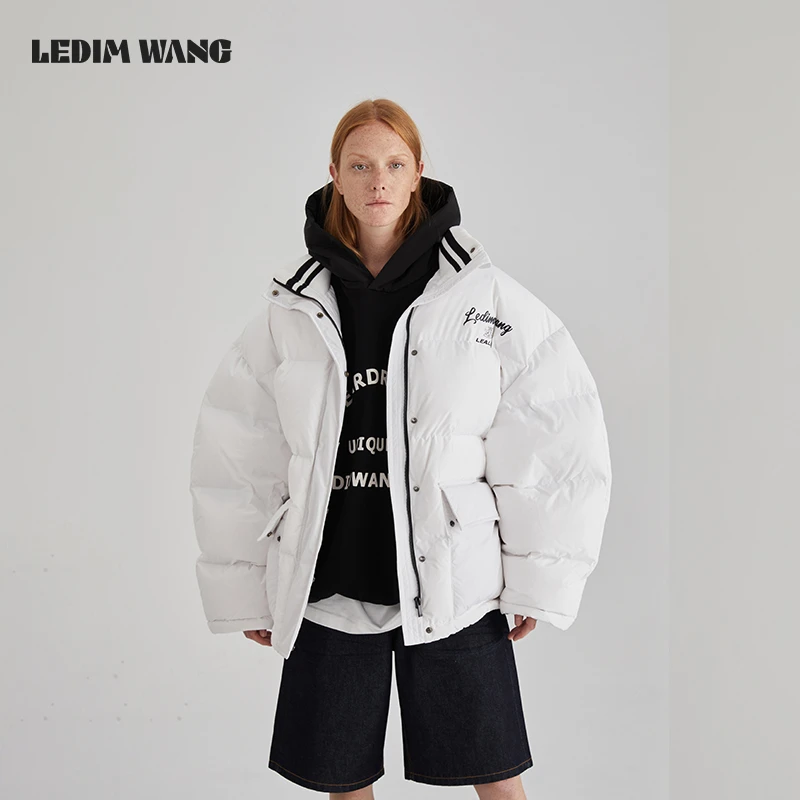 ledim wang美式印花短款保暖羽绒服女2024冬季新款黑白撞色时尚