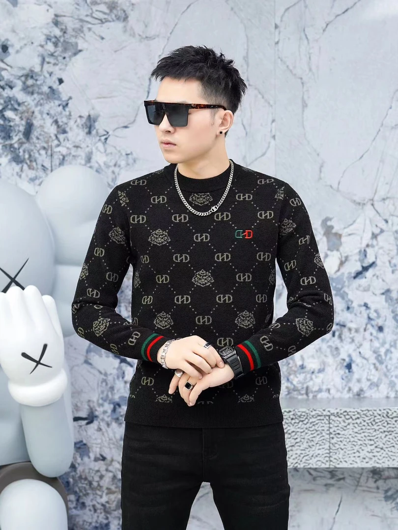 新款男士加厚超柔短绒针织衫提花烫钻重工艺欧货男士上衣