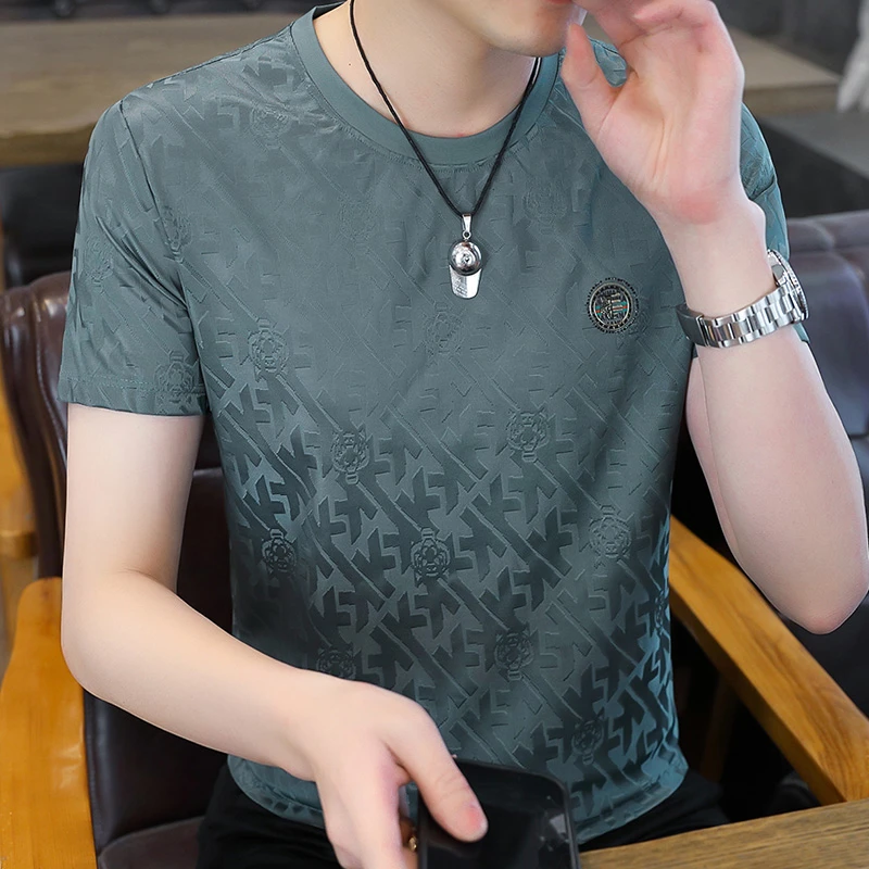 2023夏季新款男士提花重磅烫钻休闲百搭短袖薄款T恤