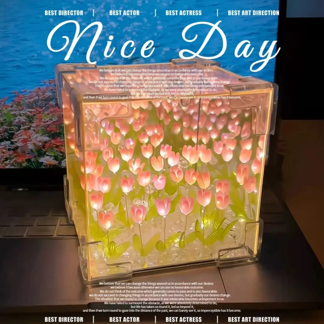 【小羊】手工diy郁金香花海魔方立体镜子小夜灯材料情侣七夕礼物