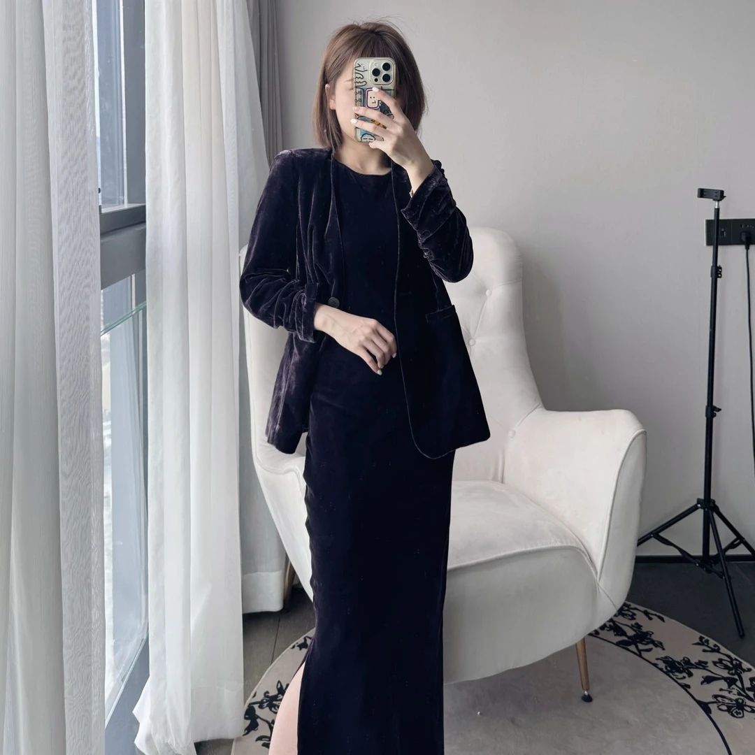 C129 绝绝紫 高级丝绒纯色无袖斜裁连衣裙裙套装通勤裙