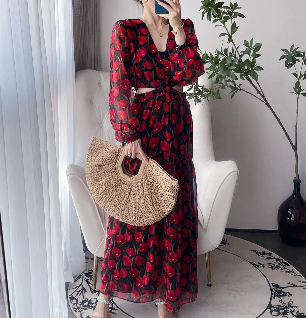 【炸姐婕拉】B0741显瘦气质长袖洋气时尚红色法式长款收腰