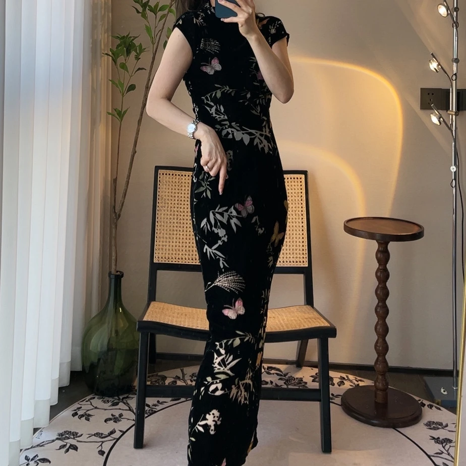 B0616 丝绒印花短袖复古显瘦连衣裙