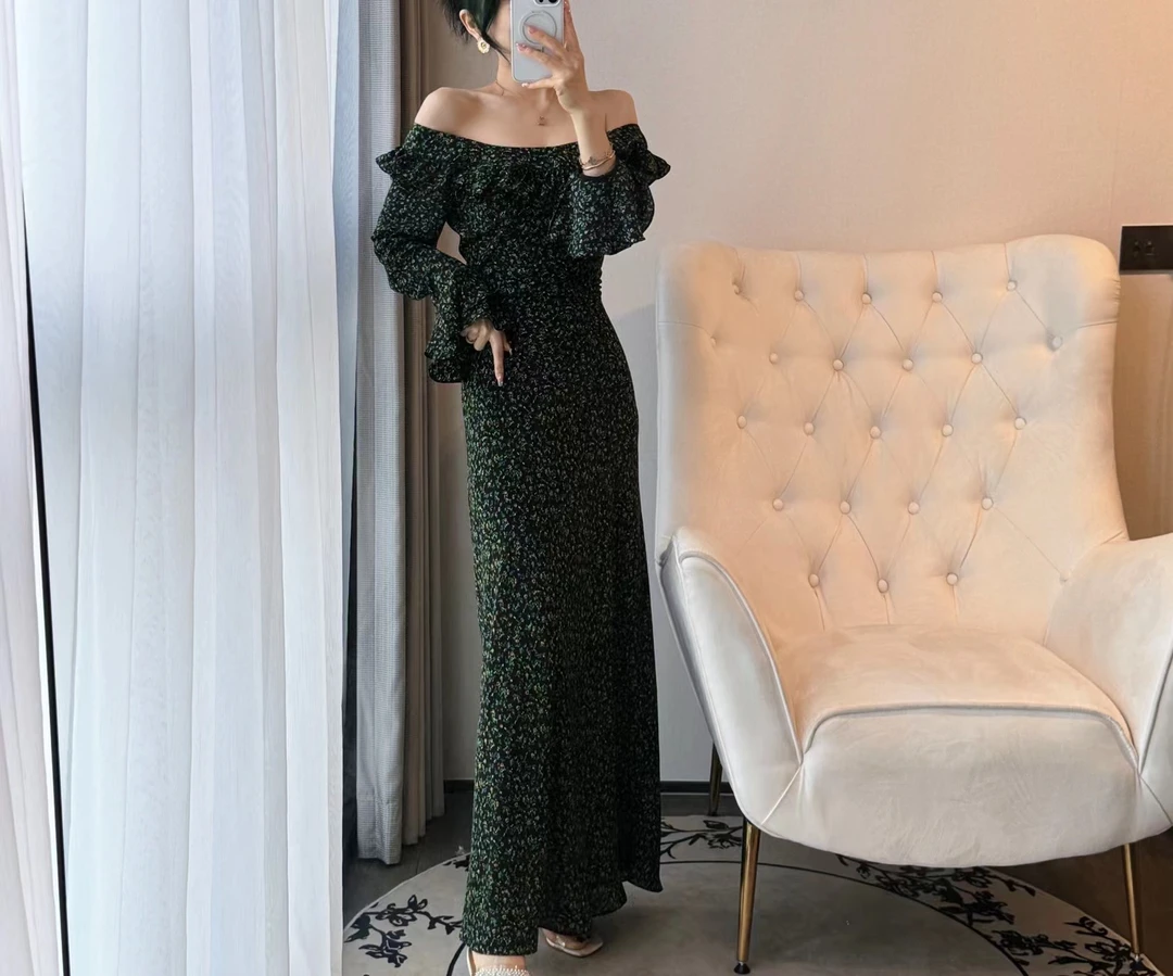 【炸姐婕拉】C049 忽然之间 长款修身荷叶边小众碎花法式长袖连衣裙