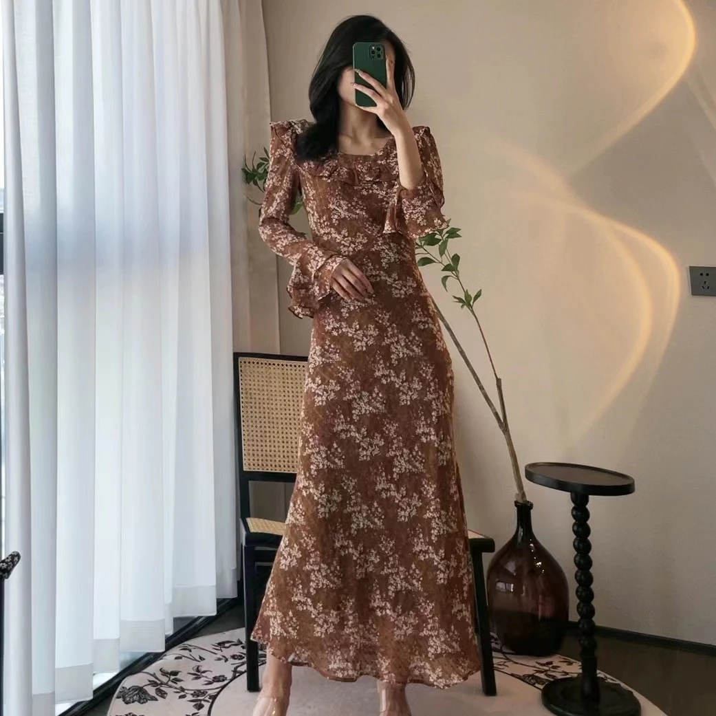 【李嘉潼】B0509长款显瘦修身荷叶边长袖碎花法式连衣裙 禁止机洗