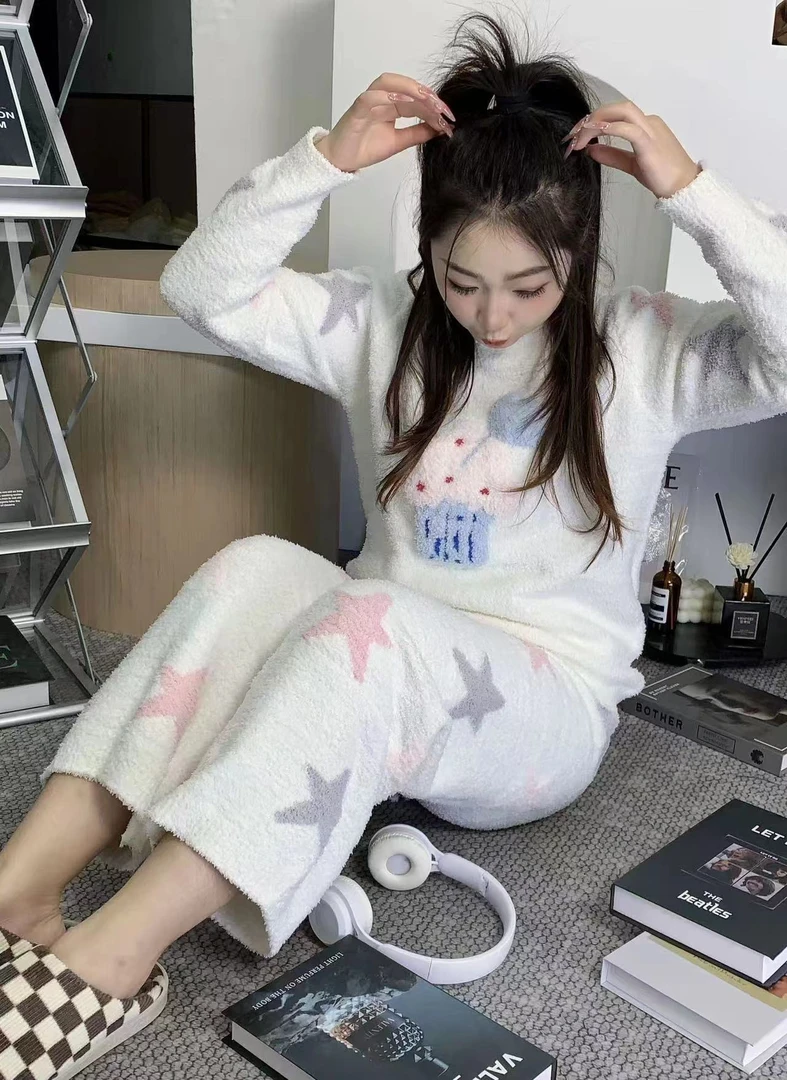 SW181583-半边绒可爱风保暖家居套装#秋冬冬季圆领卡通时尚半边绒