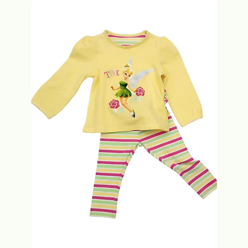 春秋女童纯棉长袖家居服内衣套女宝圆领针织黄色休闲睡衣卡通套装