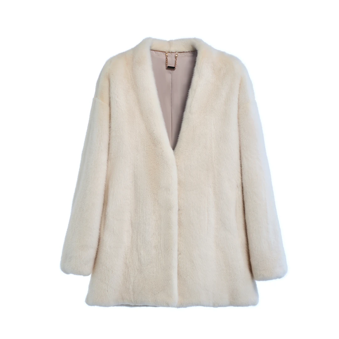 海宁冬季新款进口水貂皮草V领中长款时尚休闲外套貂皮大衣女