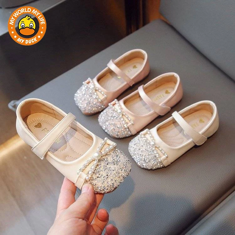 MYDUCK小黄鸭女童公主鞋2024春新款蝴蝶结女童珍珠软底韩版水晶鞋