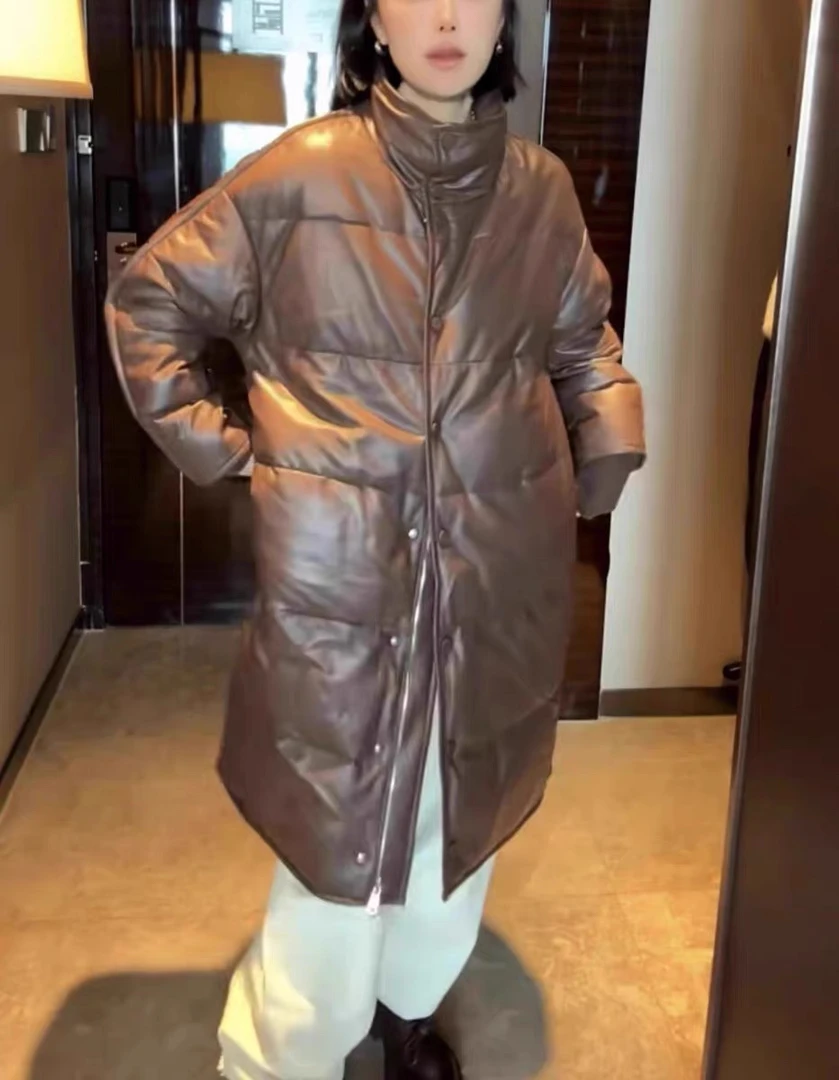 网红同款真皮皮衣女 绵羊皮休闲茧型保暖加厚羽绒服 中长立领外套
