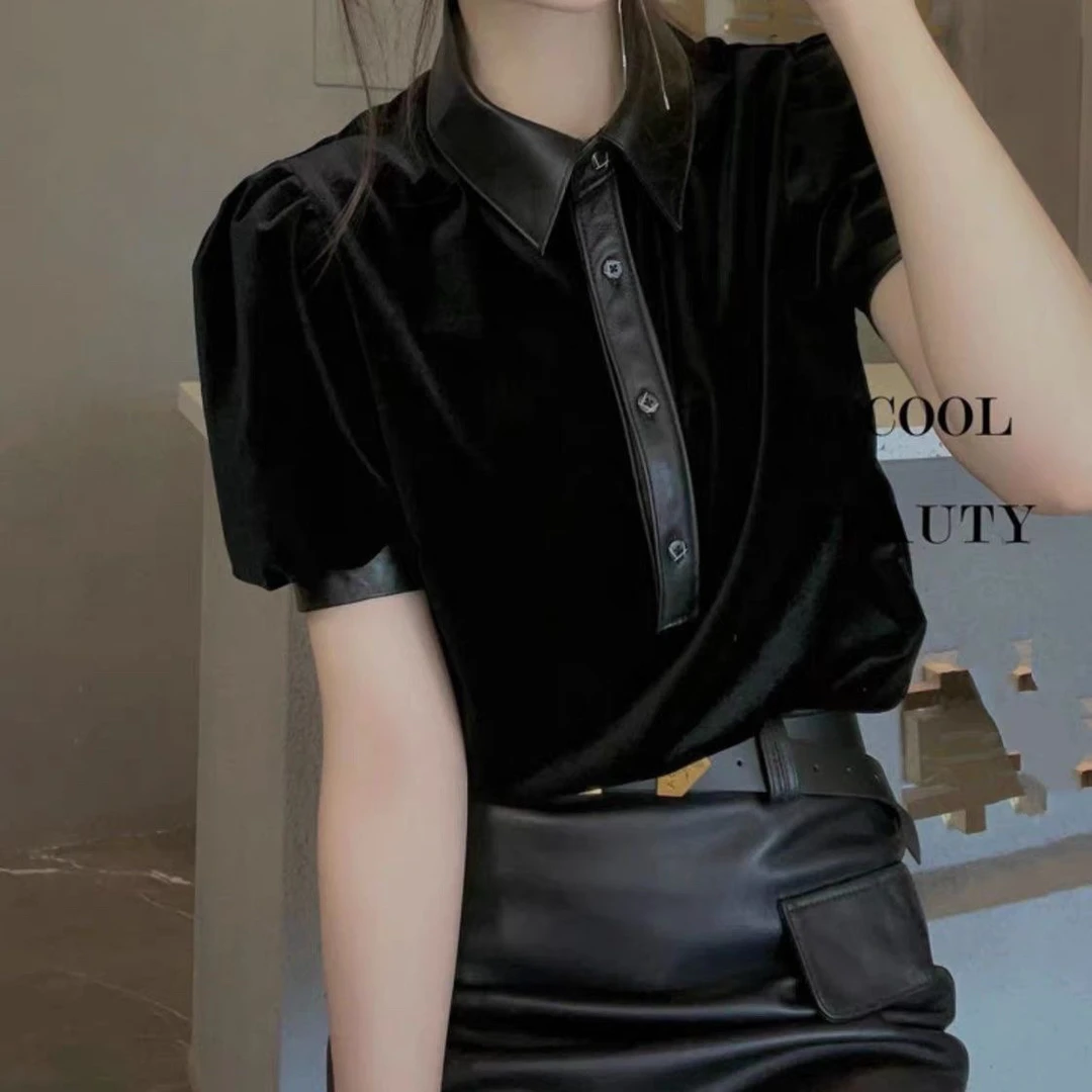 网红款真皮拼金丝绒方领衬衫女绵羊皮单排扣泡泡袖短袖打底衫外穿