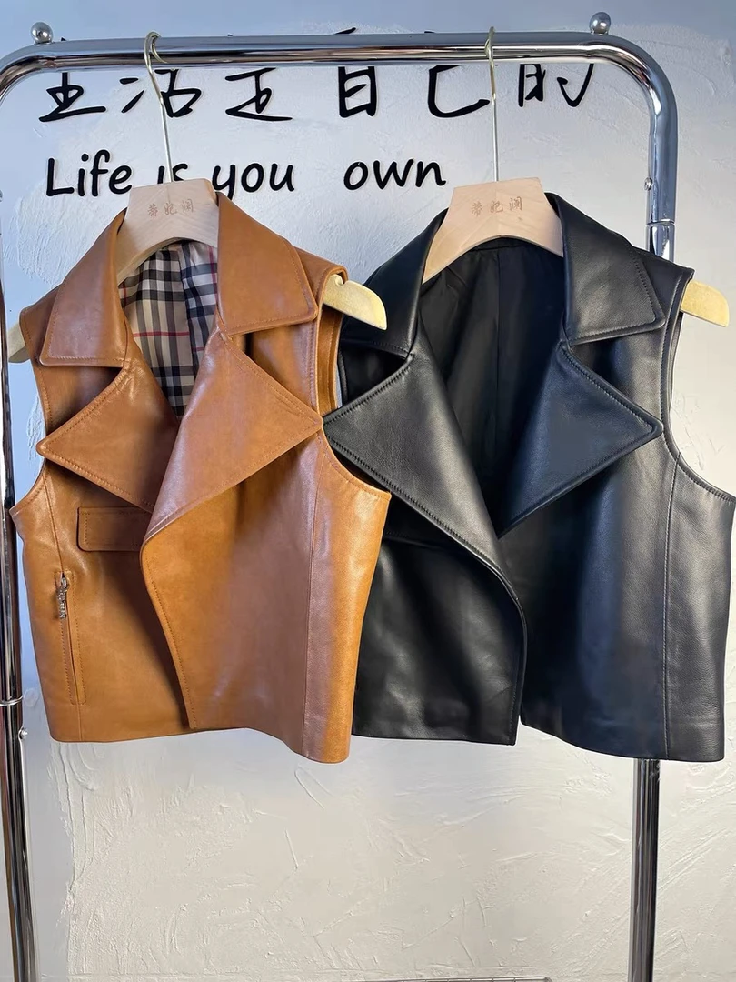 欧洲站做旧绵羊皮马夹女真皮皮衣西装领机车背心短款时尚外穿坎肩