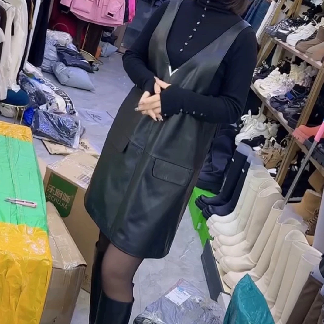 欧货绵羊皮中长款套头洋气女连衣裙秋冬新款真皮遮肉a字皮裙潮