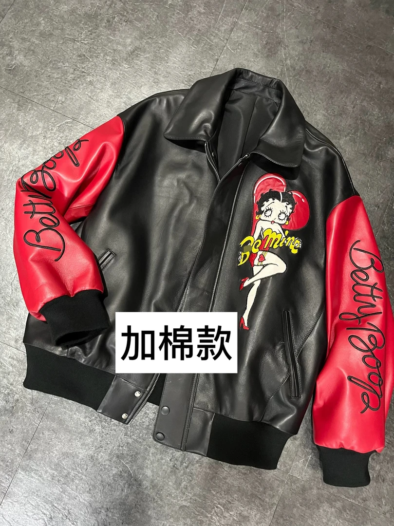 明星同款加棉海宁真皮全身绵羊皮皮衣女皮夹克棒球服外套潮贴皮绣