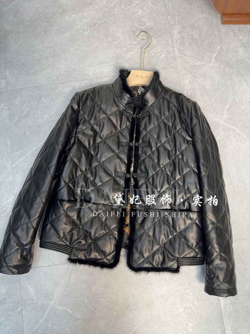 中国风复古盘扣水貂毛加棉棉服 2024真皮绵羊皮短款皮衣休闲外套