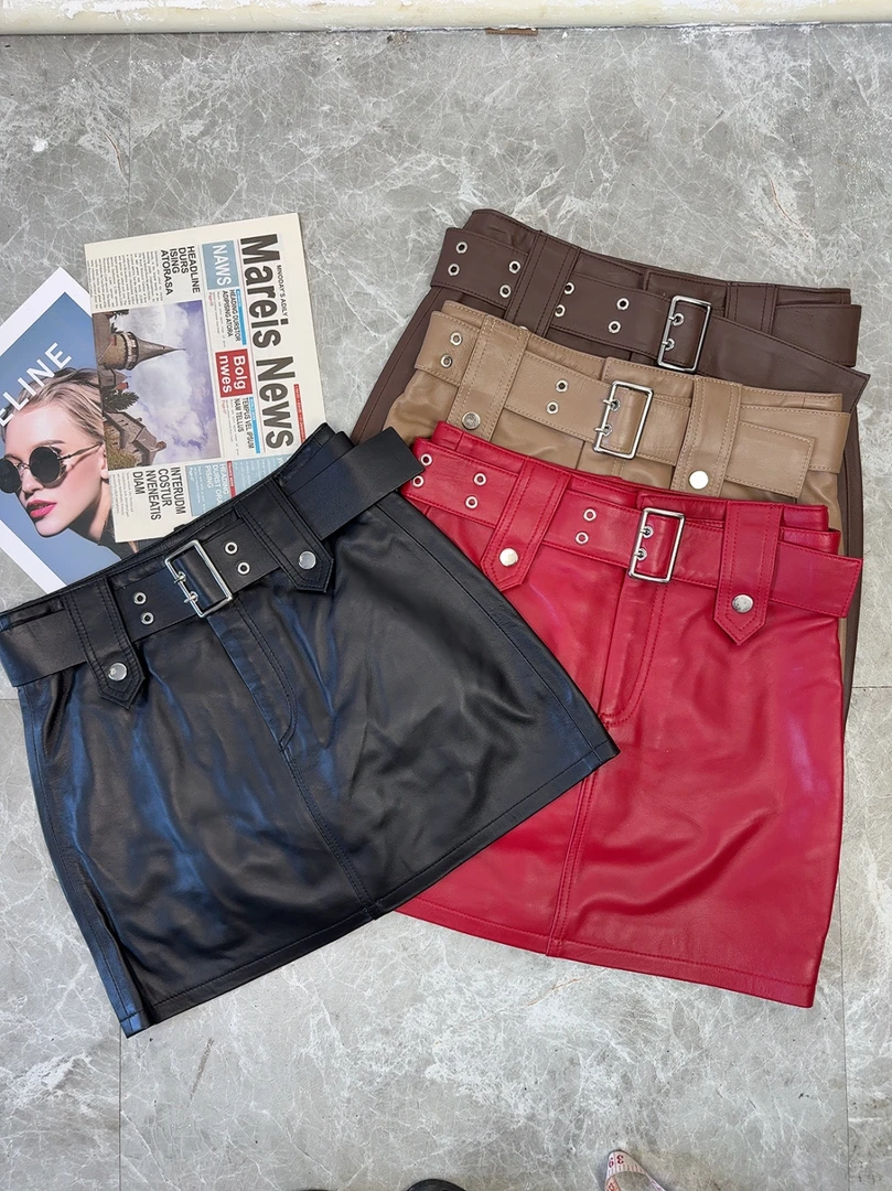 宽腰带真皮半身裙女士a字包臀短裙子2023新款秋季小个子绵羊皮裙
