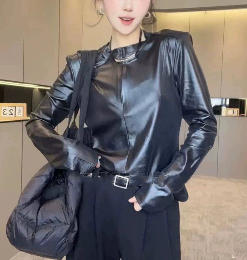 复古圆领黑色长袖绵羊皮真皮衬衫女2025春款气质衬衣辣妹修身上衣