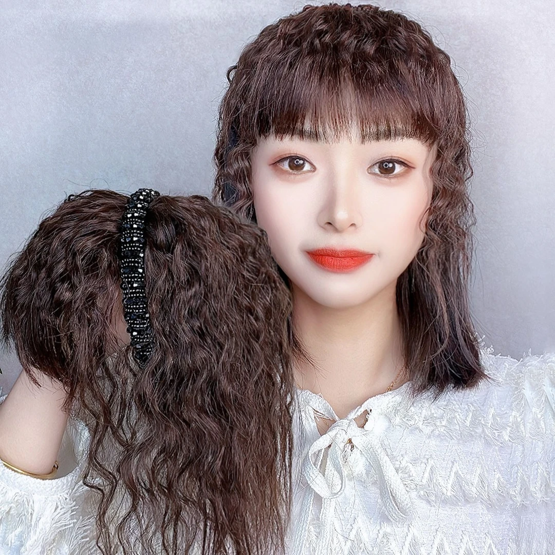 【黑钻卷发发箍刘海】全真发补发片增发量遮白发美凡假发一体式女