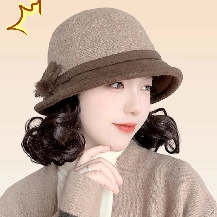 美凡气质帽子假发一体时尚棕色毛呢渔夫帽慵懒卷洋气减龄懒人造型