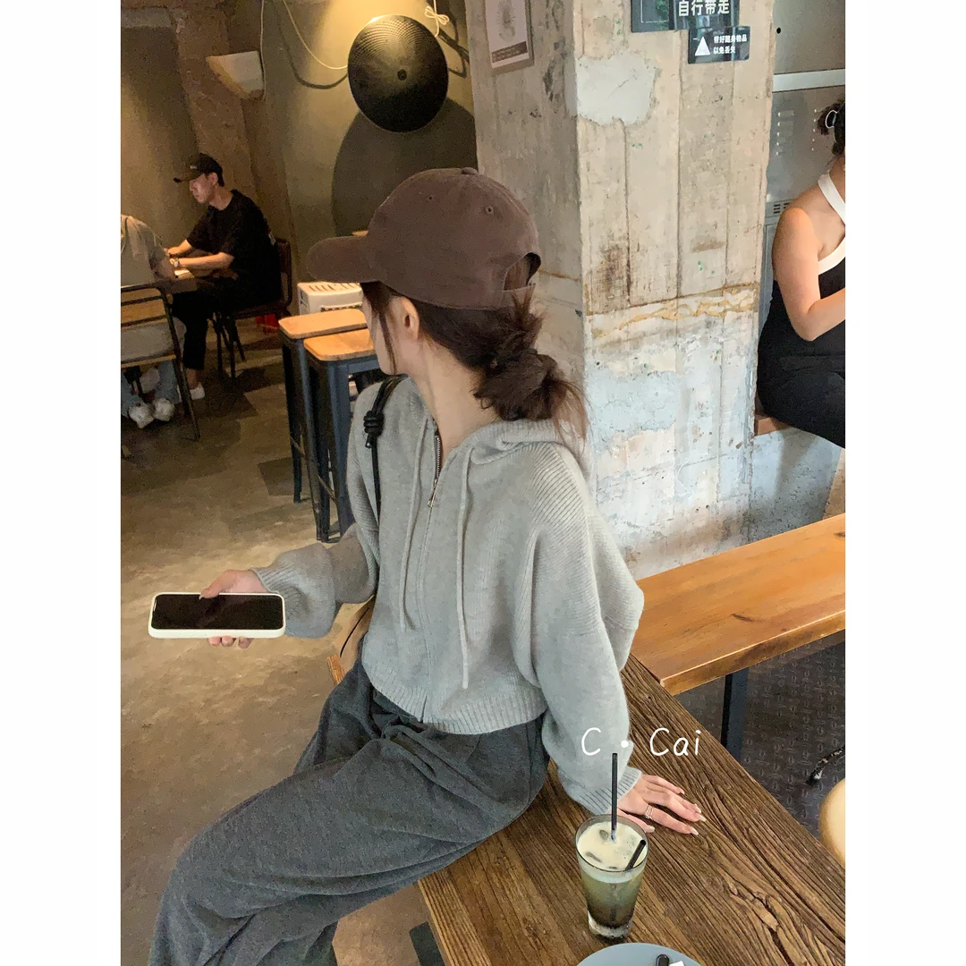 【C·Cai】 细针织连帽拉链831#短款小个子毛衣女简约毛衣