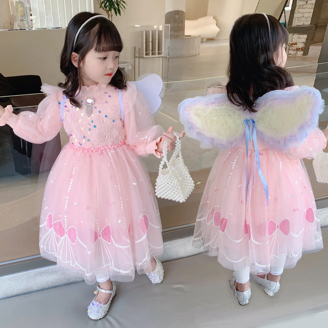 儿童毛衣裙女童生日翅膀公主裙小女孩洋气粉色秋冬款蓬蓬连衣裙
