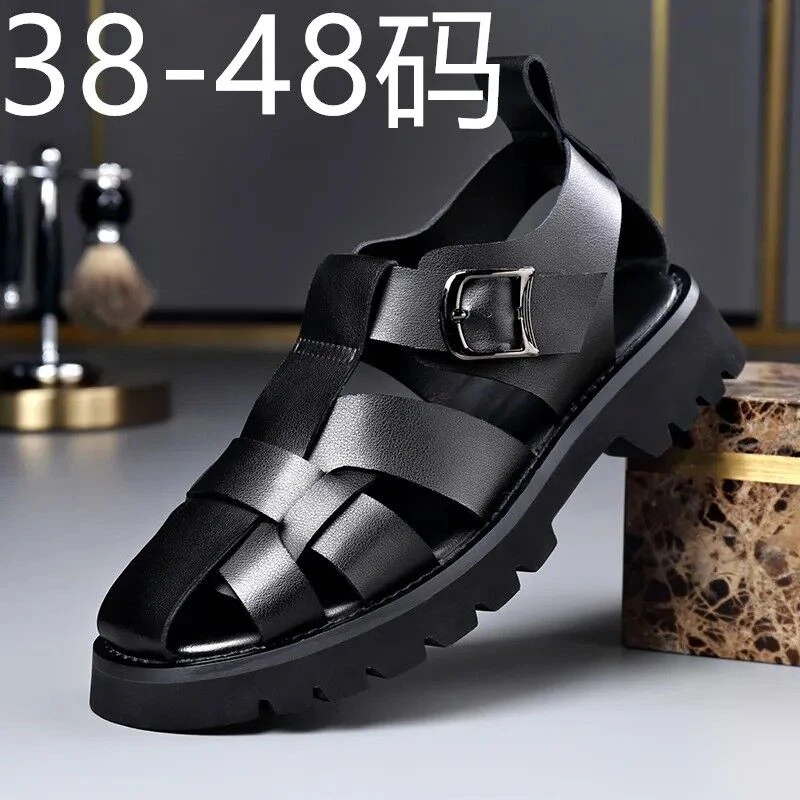 头层牛皮防水防滑夏季镂空凉鞋洞洞鞋特大码凉皮鞋男款英伦厚底鞋