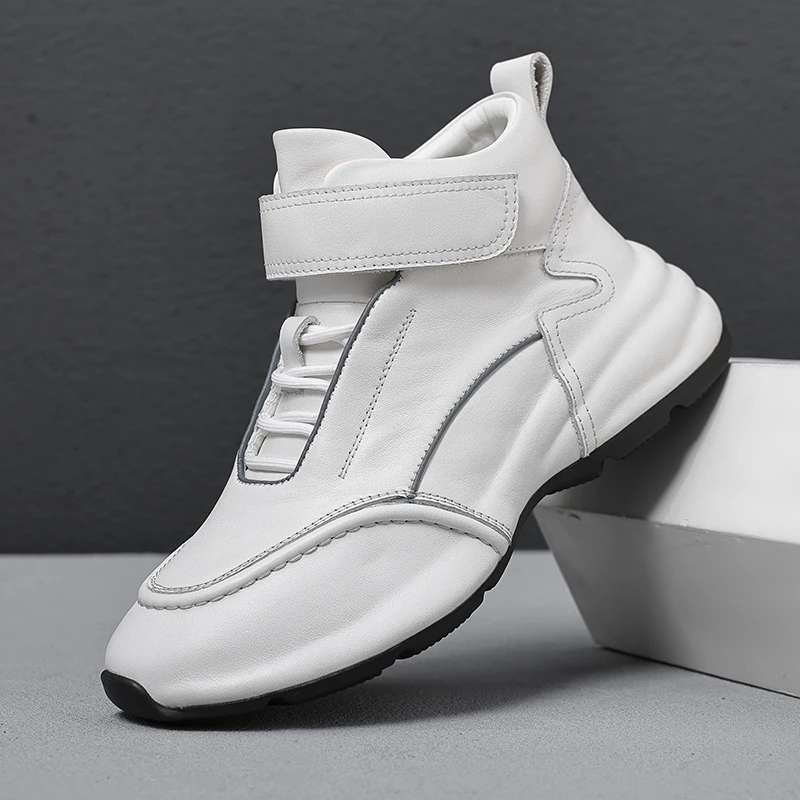 头层牛皮欧洲站潮牌秋冬季高帮板鞋小白鞋皮包底厚底增高男鞋老爹