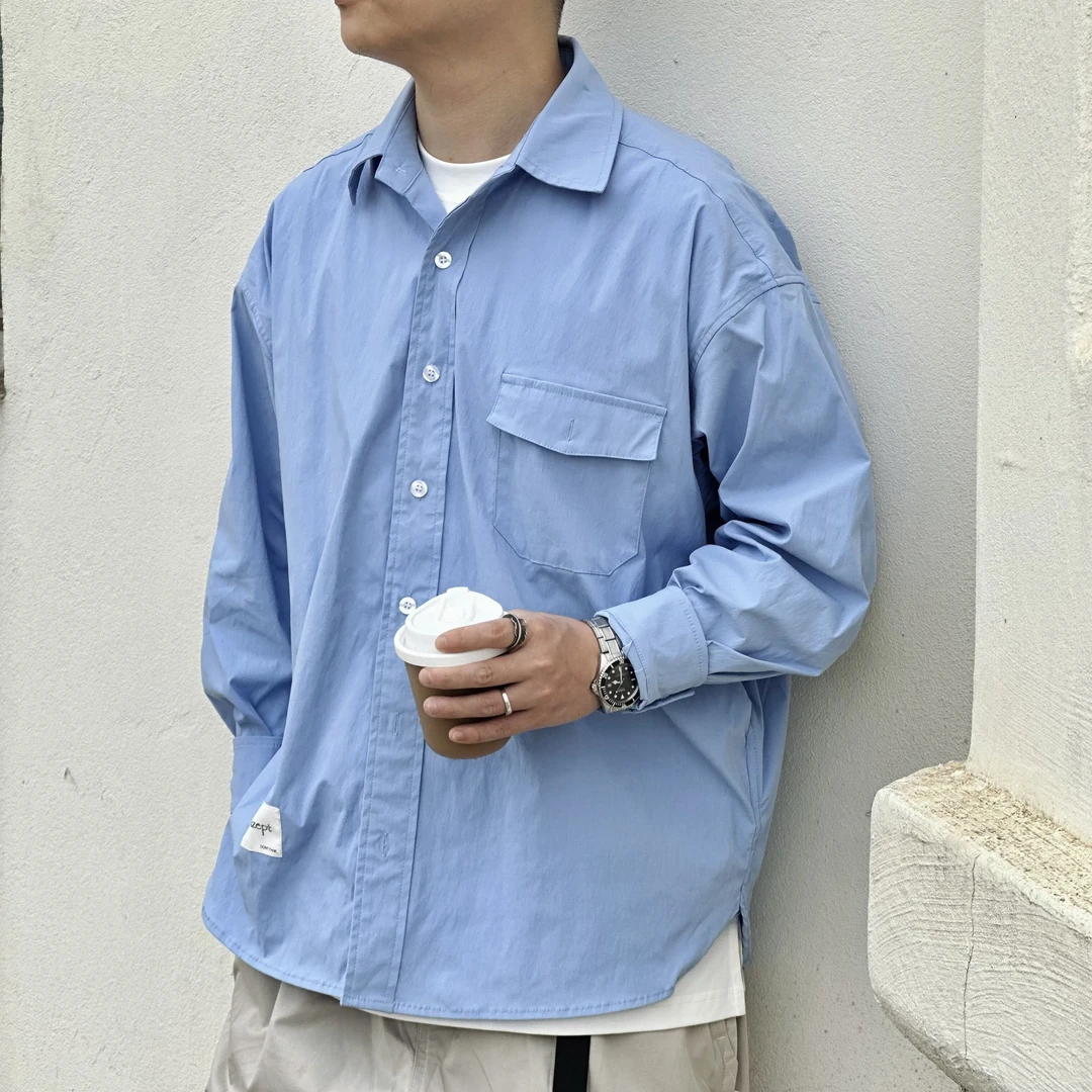 Konzept日系鲁道夫凉感衬衫宽松翻领防晒衬衣复古纯色春秋外套男