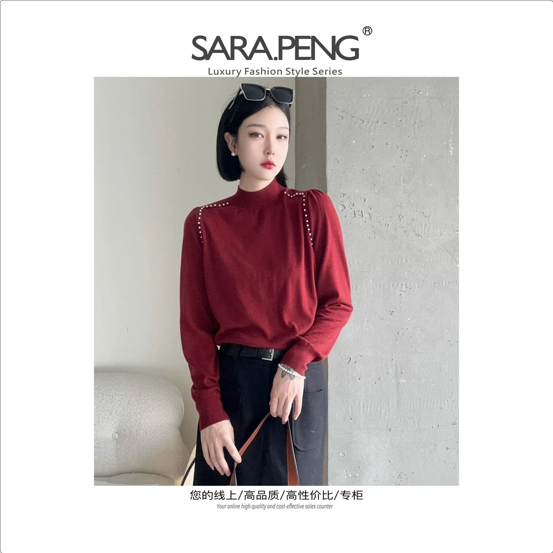 SARA.PENG｜珠链玉蔻｜ 热力高级美丽诺羊毛时尚珠链气质长袖针织衫
