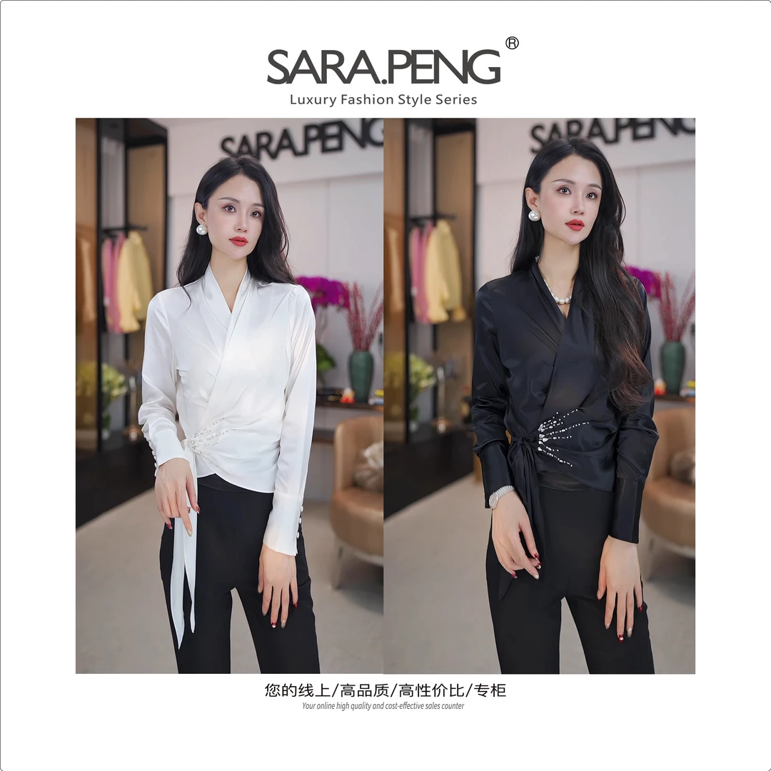 SARA.PENG女神驾临/休闲设计系带美钻真丝不对称褶皱时尚长袖衬衫