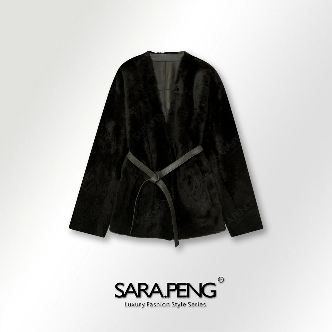 SARA.PENG深情告白/法国进口小拉贡皮毛一体轻暖系带百搭风衣外套