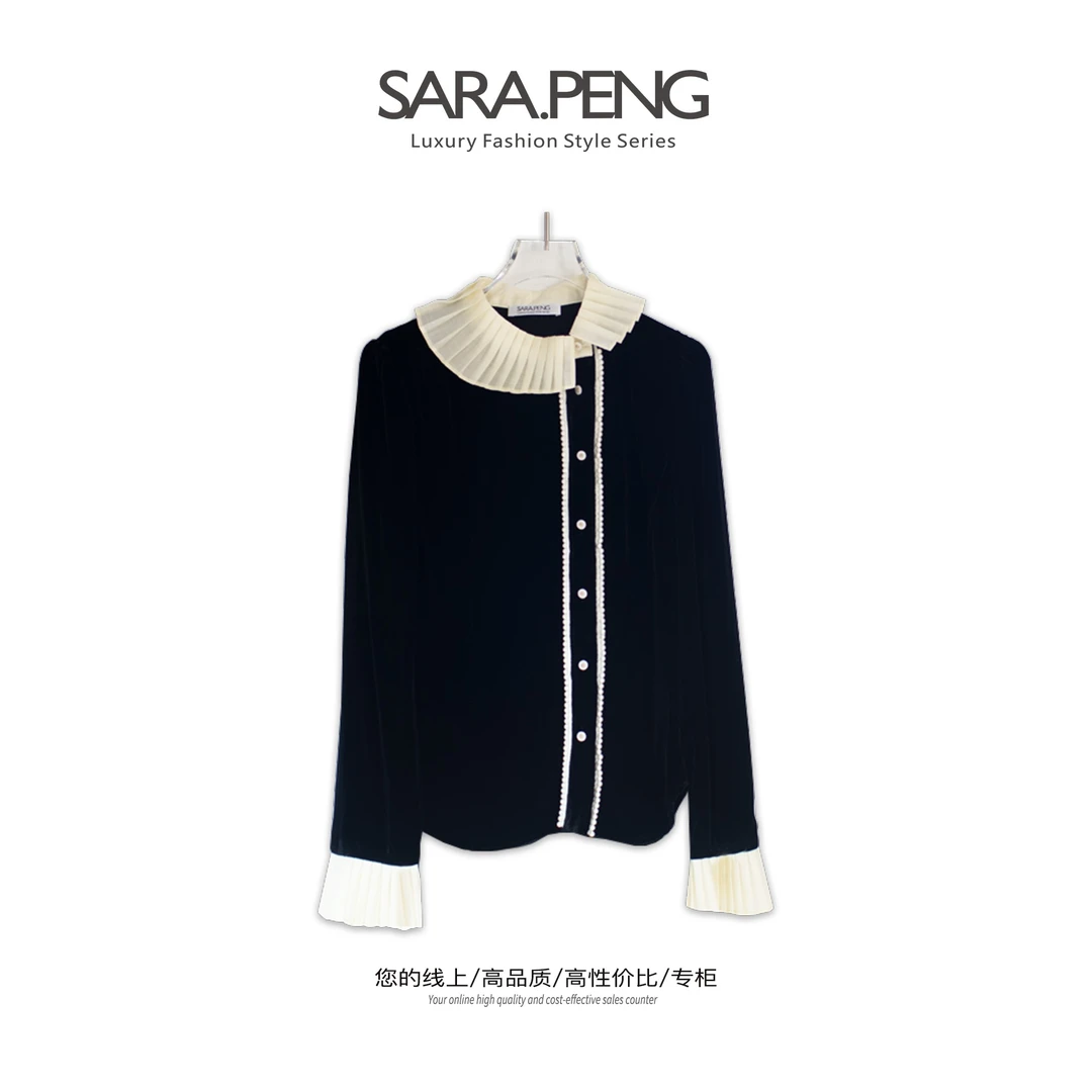 SARA.PENG法式丝绒/新款法式宫庭百搭真丝丝绒不对称珠扣小香衬衣