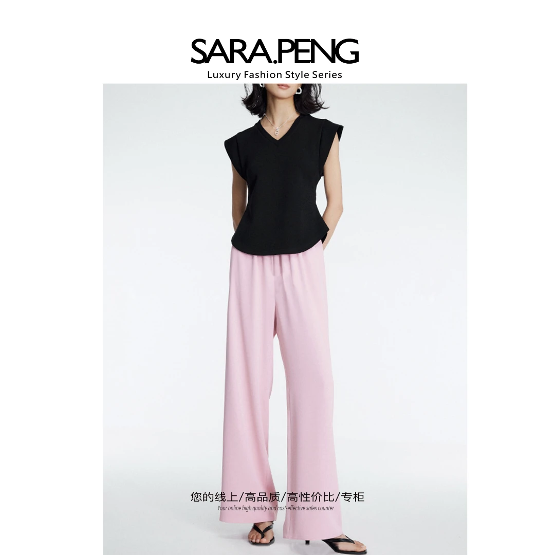 SARA.PENG光感迷人/夏季高品质洋气醋酸松紧腰头微喇垂感时尚长裤