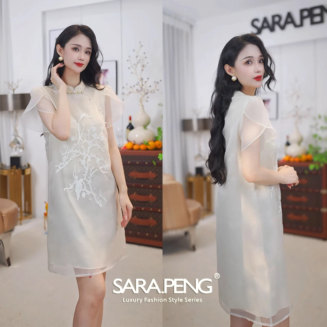 SARA.PENG娴静优雅/新中式裙重工国风花苞袖手工珠立领短袖连衣裙