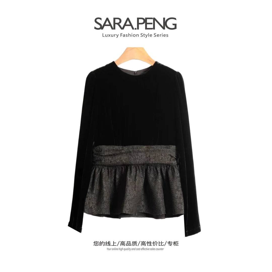 SARA.PENG【轻奢上衣】2023法圆领丝绒拼接立体压花百搭上衣