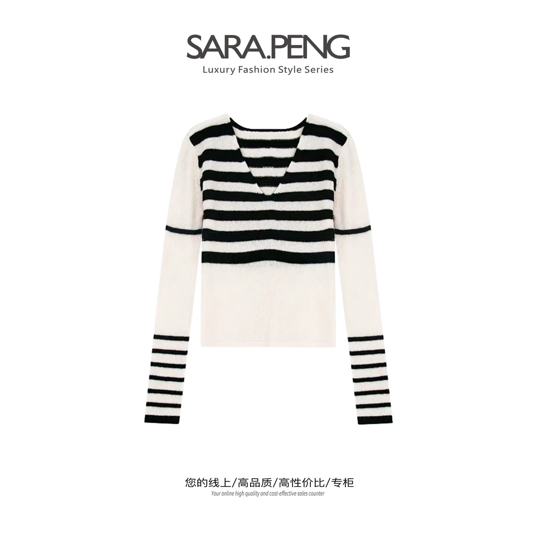 SARA.PENG【轻奢羊毛针织】杨子美丽诺100羊毛撞色条纹长袖针织衫
