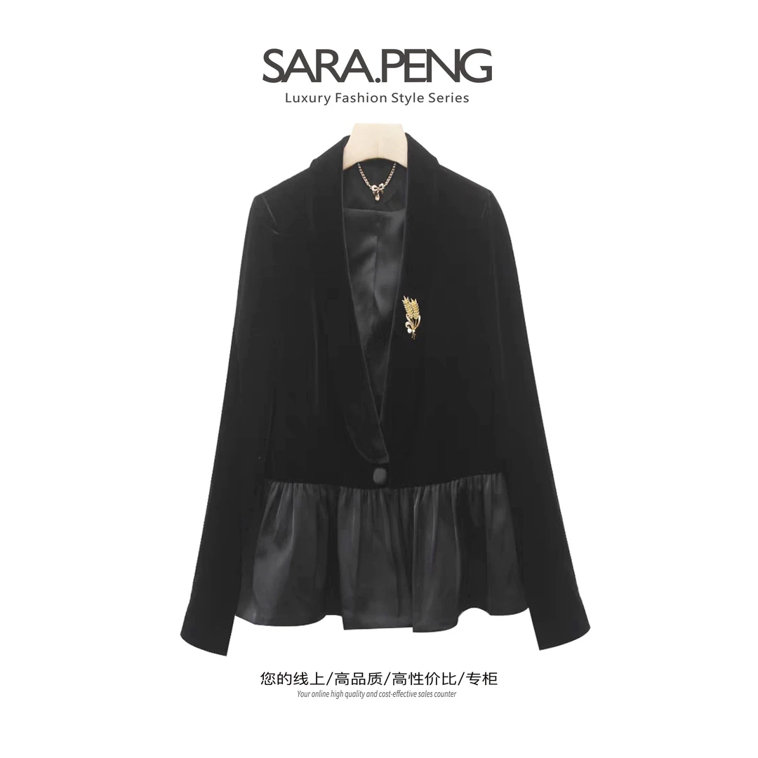 SARA.PENG【轻奢外套】时尚高定款黑色丝绒拼接压褶边西装领外套