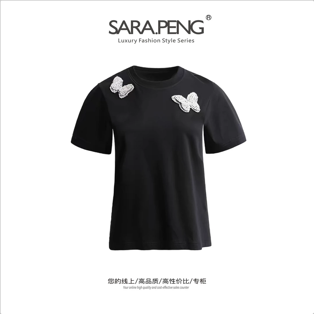 SARA.PENG蝴蝶仙子/丁达尔穿搭新时尚璀璨珠花春夏甜美舒适短T恤