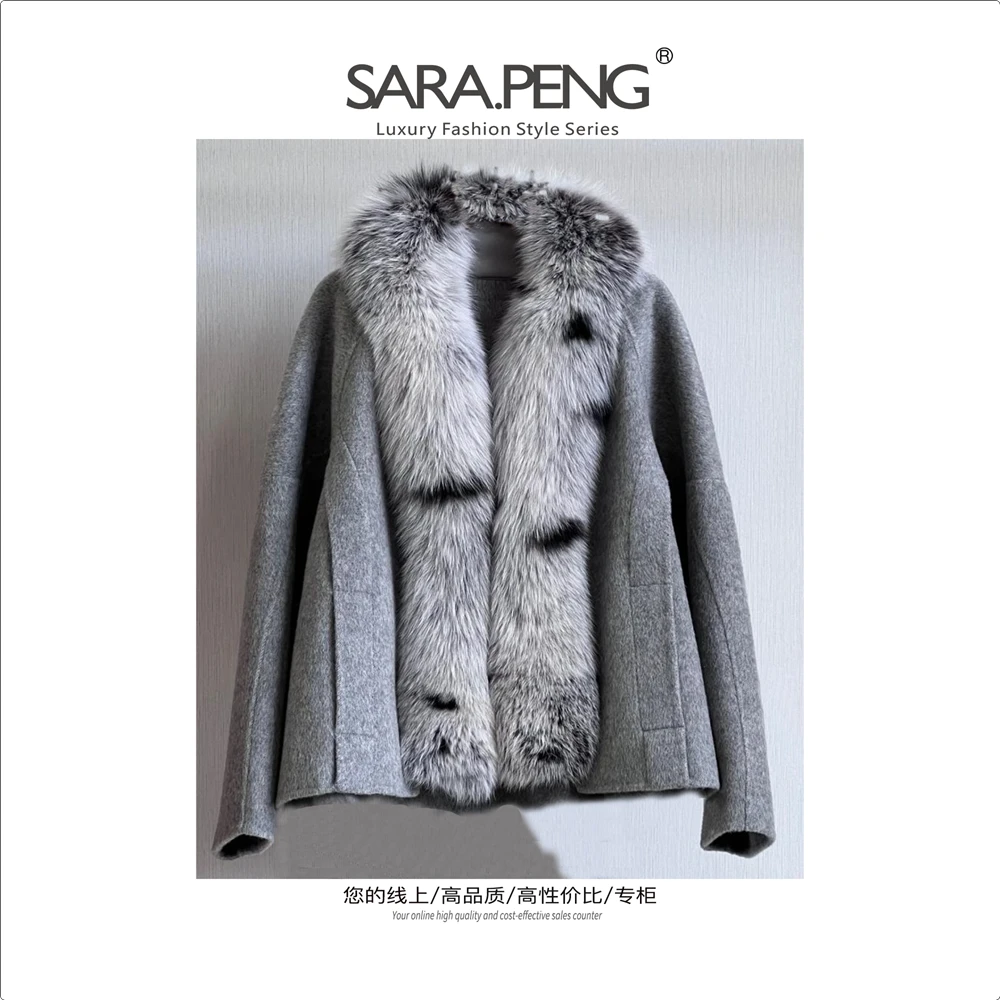 SARA.PENG贵族女王/高奢高定女毛呢外套精纺羊毛狐狸毛大长领外套