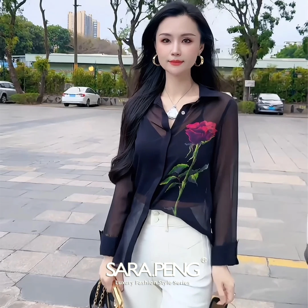 SARA.PENG傲娇之花/丁达尔穿搭气质时尚鎏光缎定位玫瑰印花洋气衬