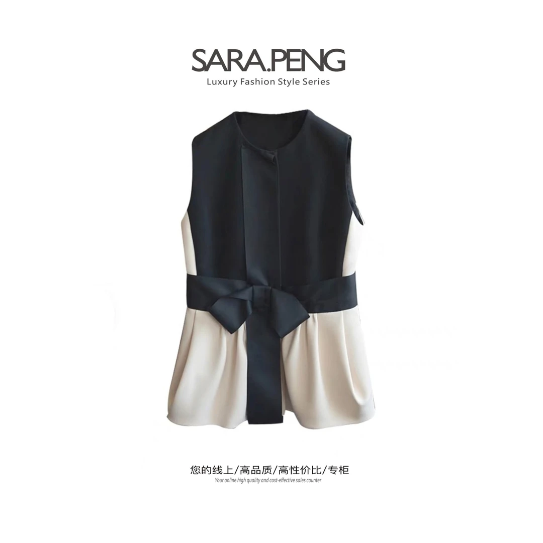 SARA.PENG蝶变/丁达尔穿搭法式小香优雅洋气无袖黑白撞色马甲外套