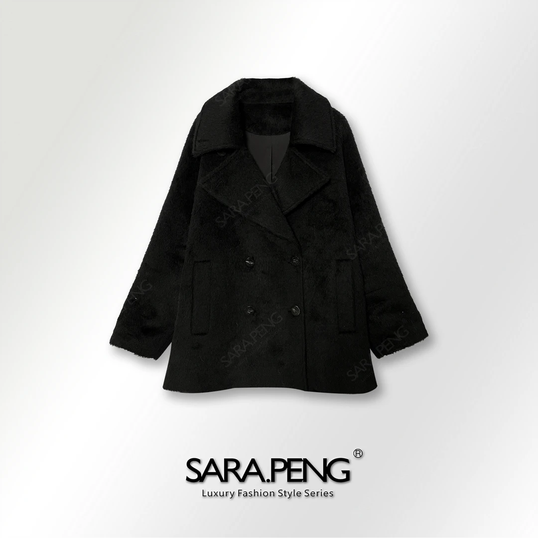 SARA.PENG鼎奢暖/时尚名媛大翻领系带苏丽羊毛羊驼毛呢双面大衣