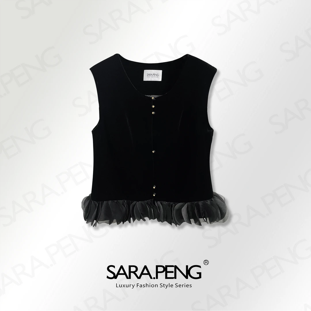 SARA.PENG黑天鹅/时尚拼接花边高级中式扣马夹百搭显瘦无袖款上衣