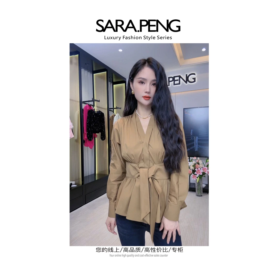 SARA.PENG【系腰裙摆】 新高定设计款绑带蝴蝶结收腰褶皱系裙摆衬衣