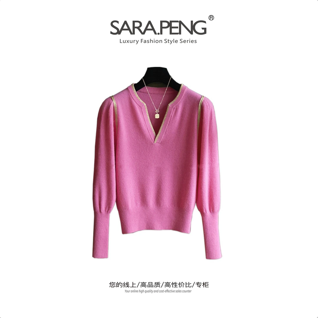 SARA.PENG｜金边柔情｜热力感气质高级定制羊绒美丽诺镶边金V上衣