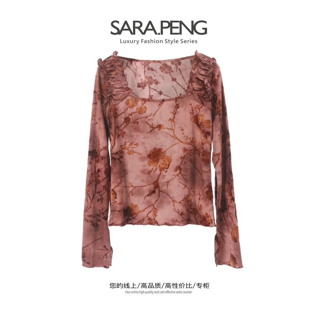 SARA.PENG丝绒花/新高定法式轻奢复古修身植绒花显瘦方领长袖上衣