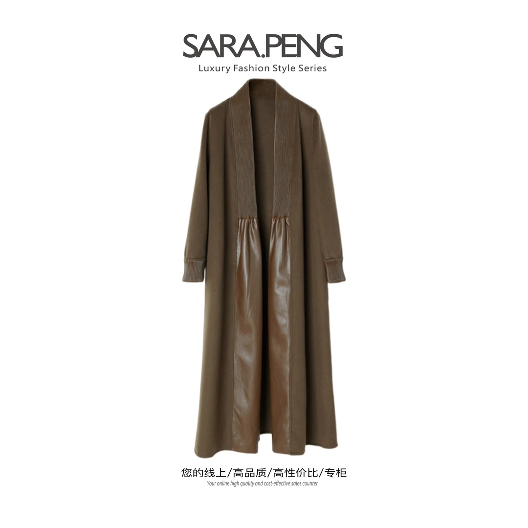 SARA.PENG【轻奢羊绒大衣】轻奢设计款国际范皮质拼接中长款外套