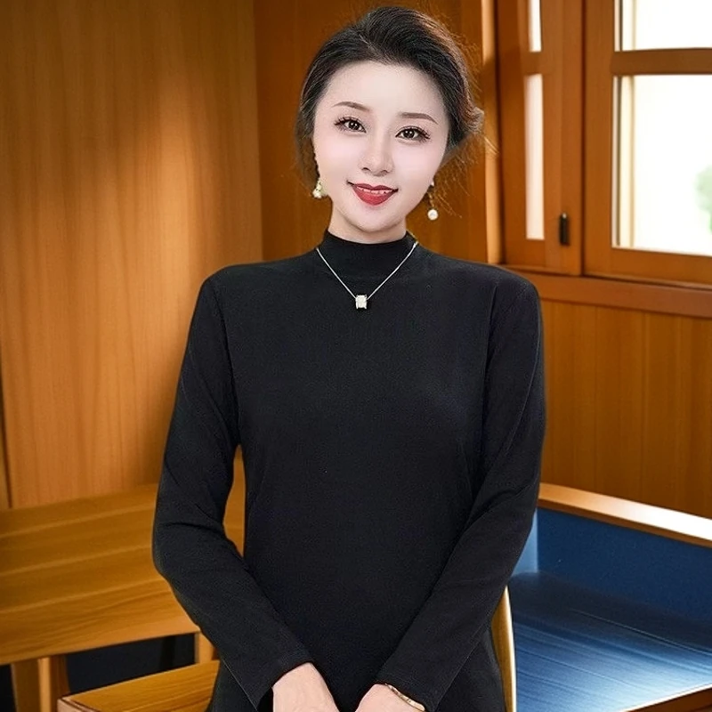 825中年妈妈圆领高弹打底衫秋季新款长袖细针织时尚百搭妈妈衣服