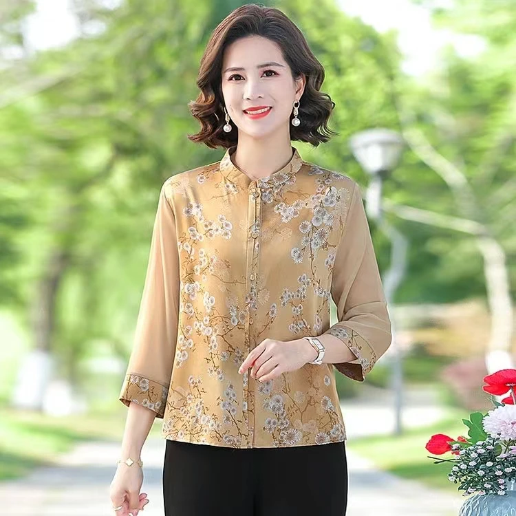 俏优佳夏季薄款妈妈装衬衫气质洋气减龄时尚宽松印花七分袖上衣