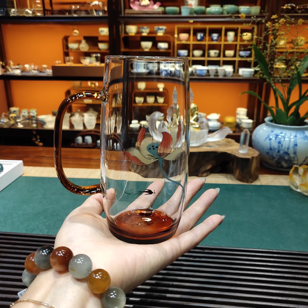 水璃方咖色把荷花绿茶杯400毫升家用